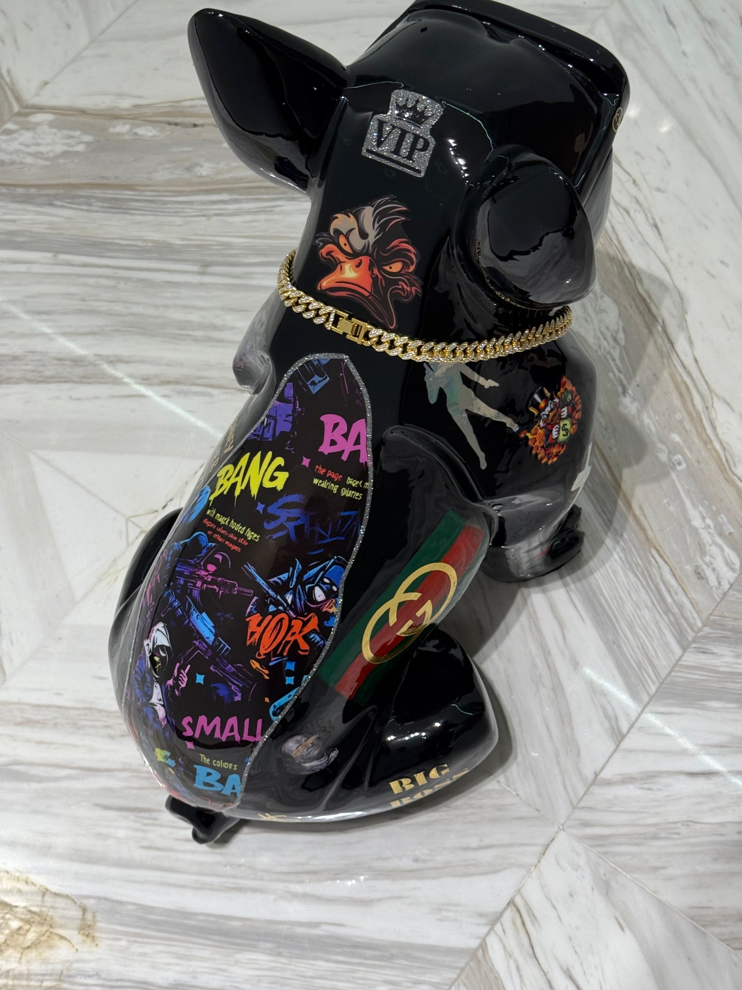 Black Gucci Dog Sculpture with Designer Accents