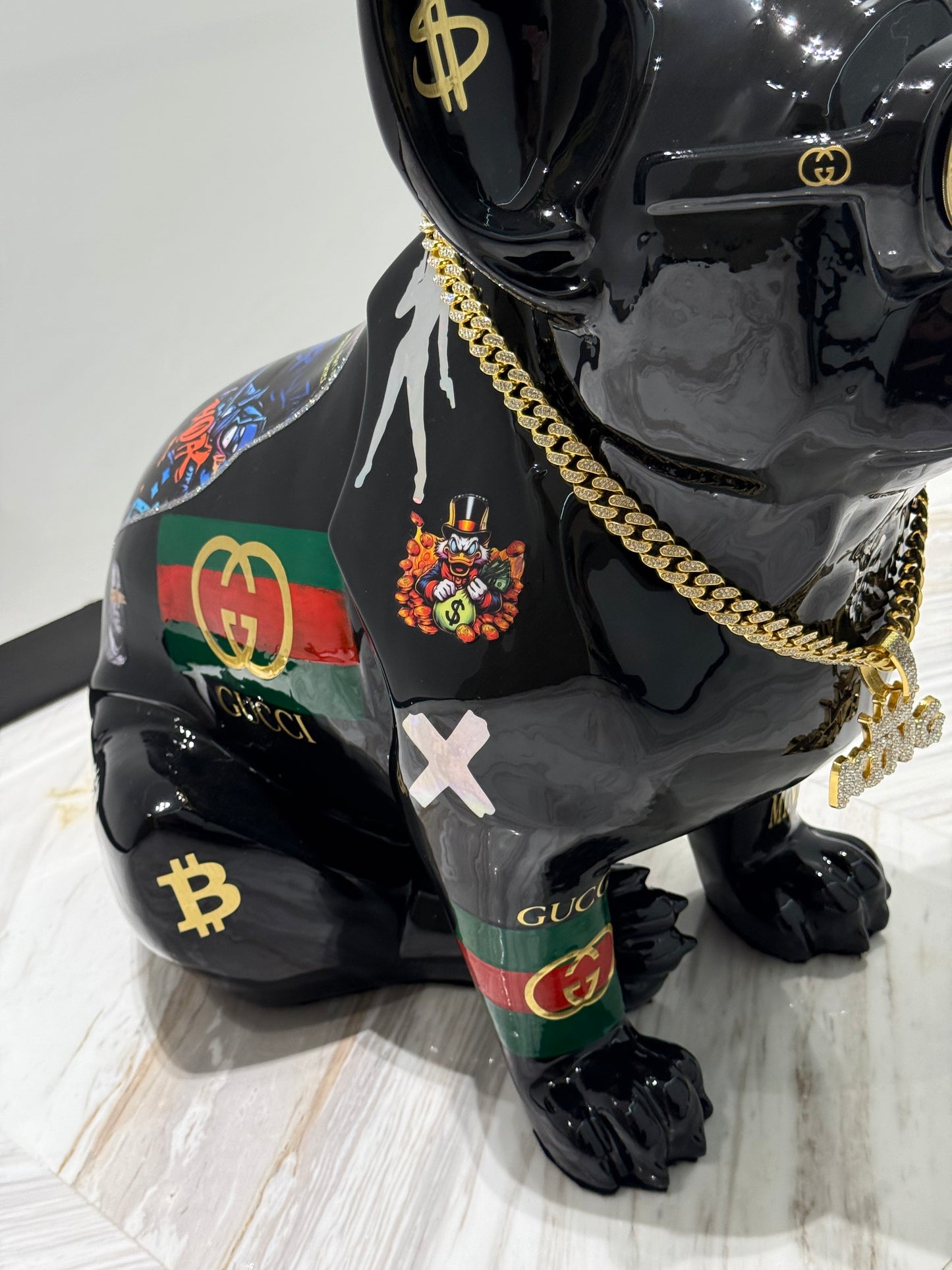 Black Gucci Dog Sculpture with Designer Accents