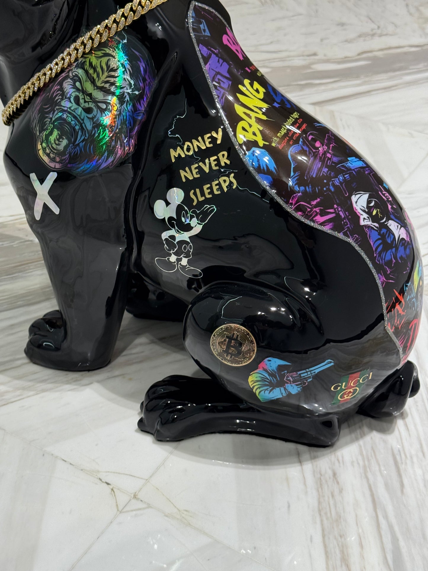 Black Gucci Dog Sculpture with Designer Accents