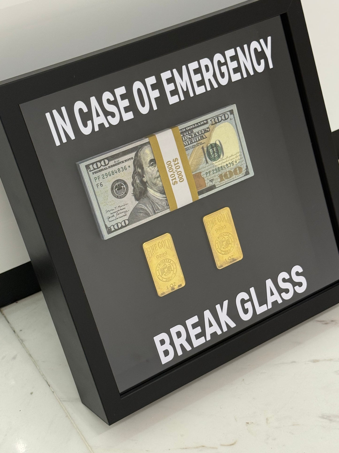 In Case of Emergency Break Glass Fine Gold and Dollar Box Frame black