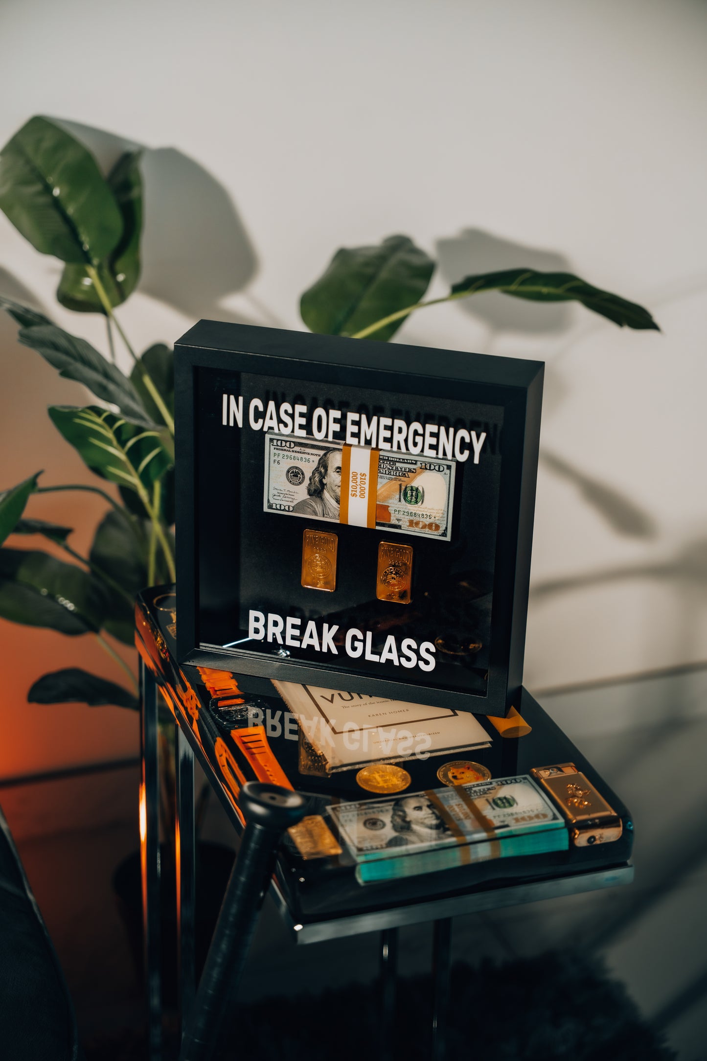 In Case of Emergency Break Glass Fine Gold and Dollar Box Frame black