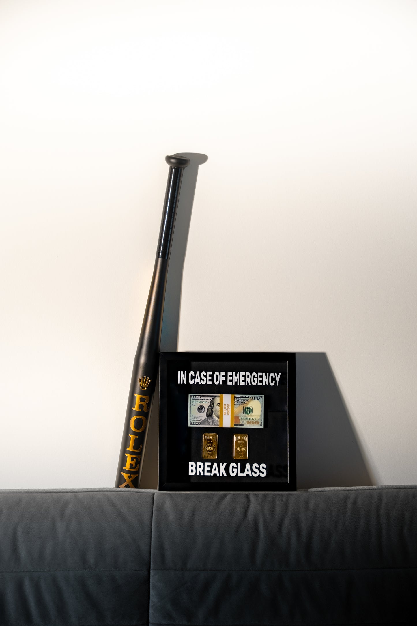 In Case of Emergency Break Glass Fine Gold and Dollar Box Frame black