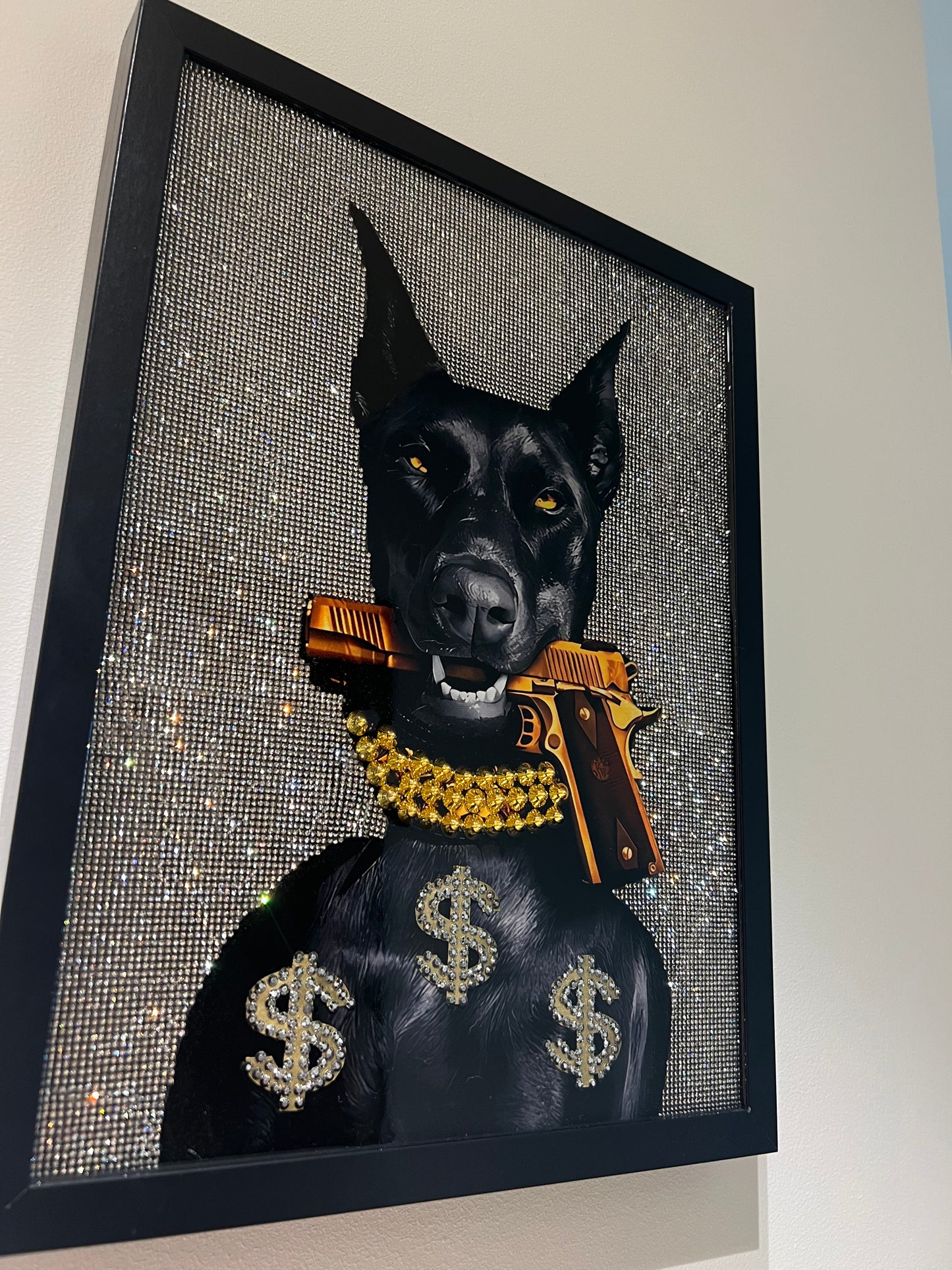 Doberman Dog with Gun Glitter Art Frame black
