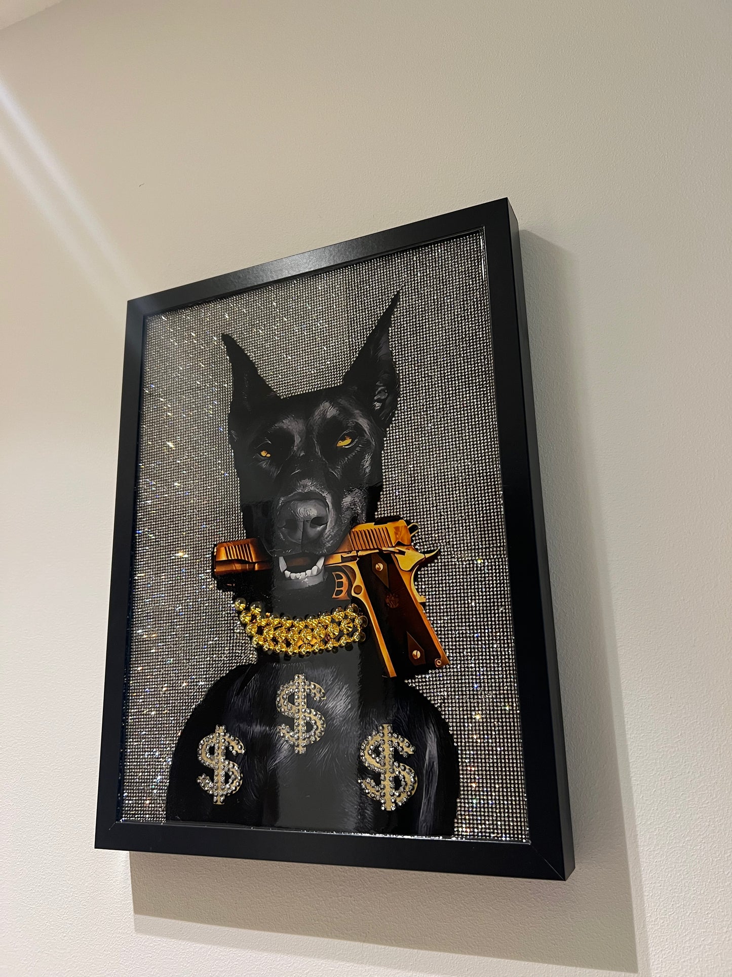 Doberman Dog with Gun Glitter Art Frame black
