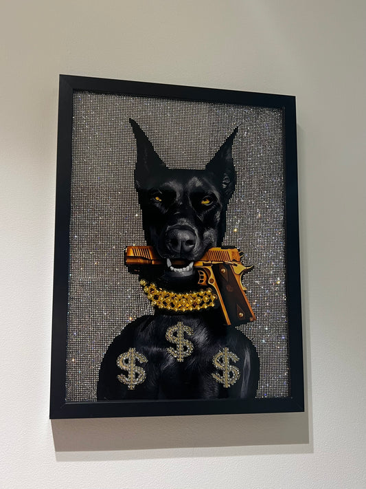Doberman Dog with Gun Glitter Art Frame black
