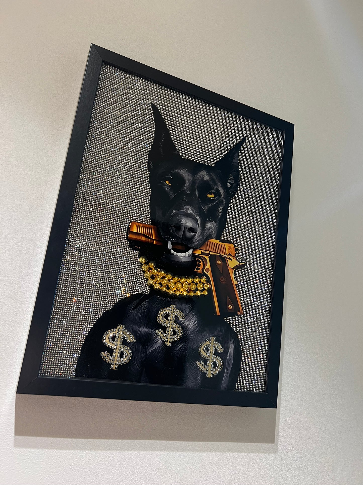 Doberman Dog with Gun Glitter Art Frame black