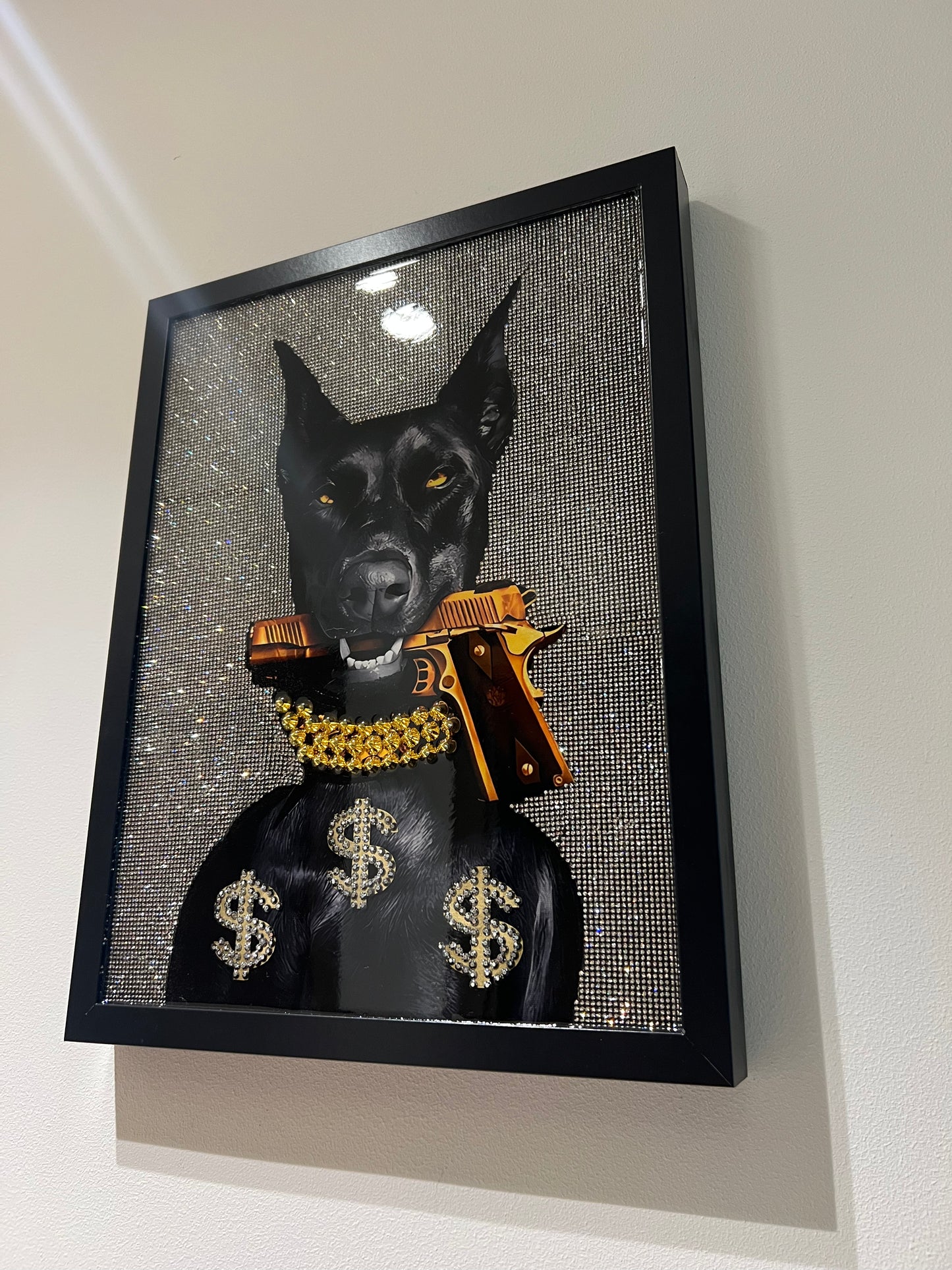 Doberman Dog with Gun Glitter Art Frame black