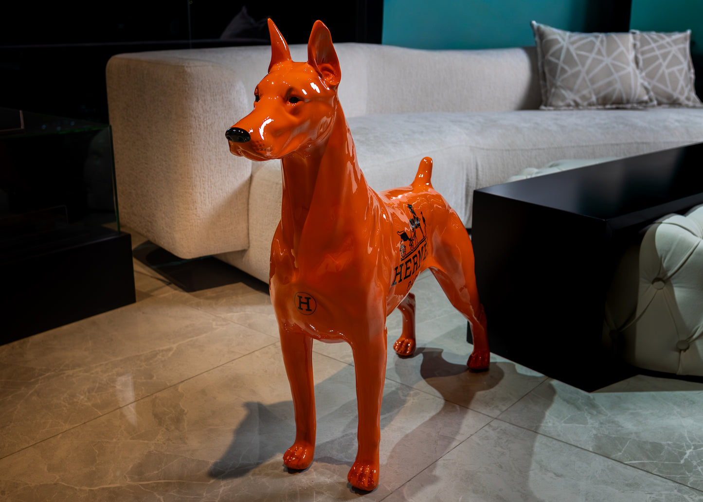 Luxury Orange Hermes Dog Sculpture with Designer Accents Limited 001