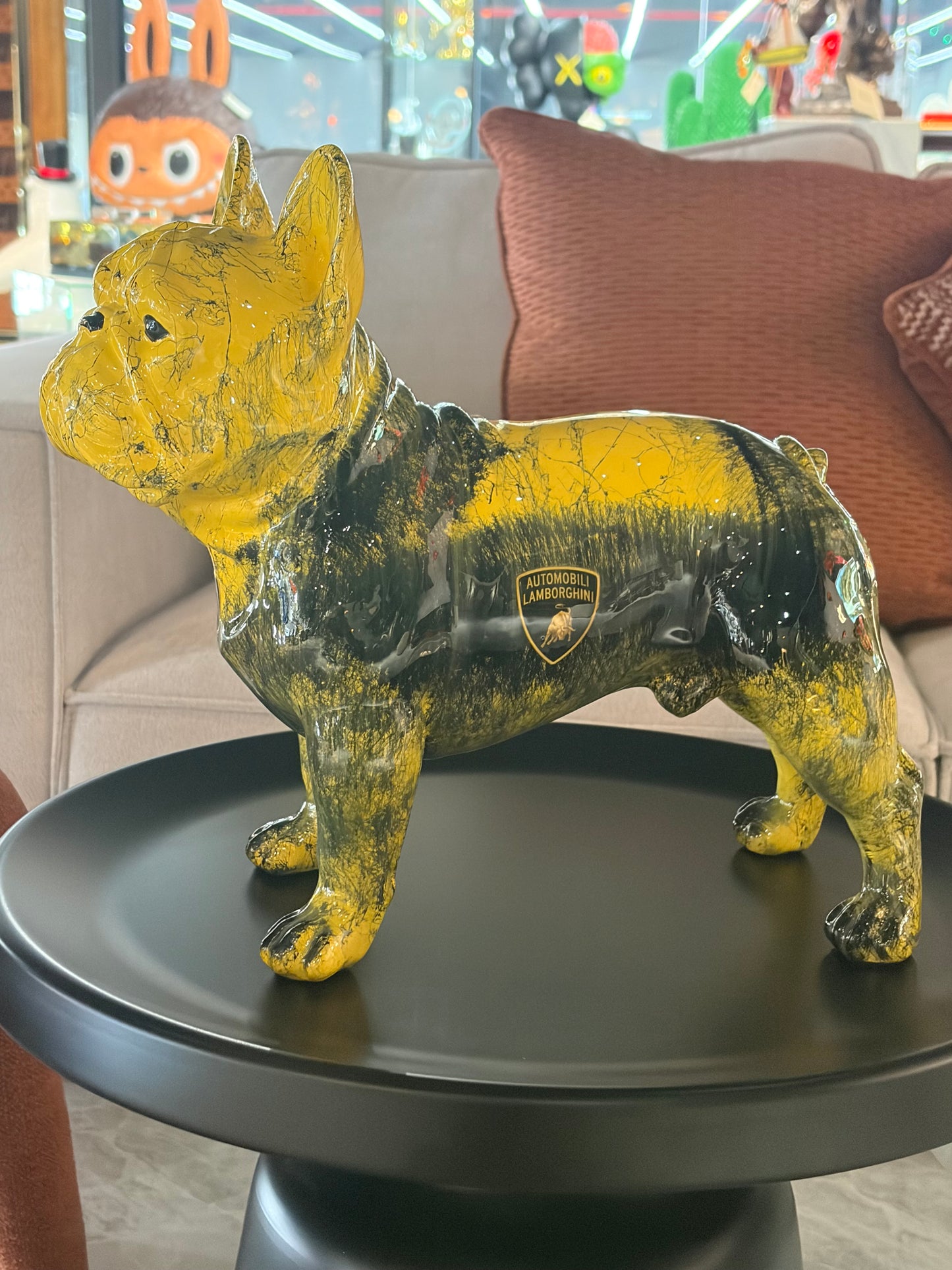 Yellow Lamborghini inspired Dog Sculpture with Designer Accents