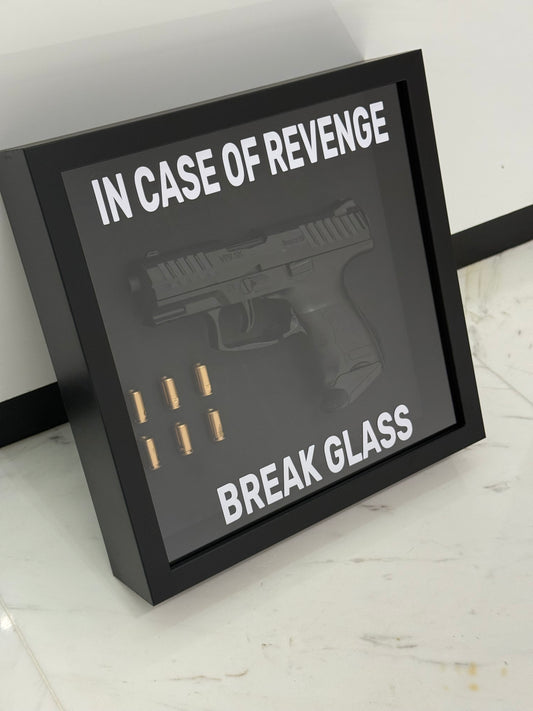 In Case of Revenge Break Glass Fake Gun Box Frame black