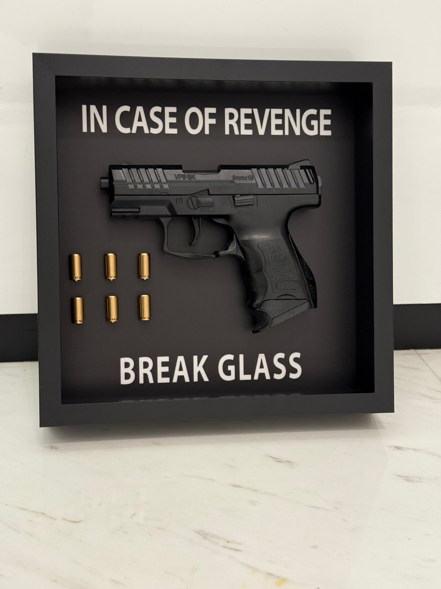 In Case of Revenge Break Glass Fake Gun Box Frame