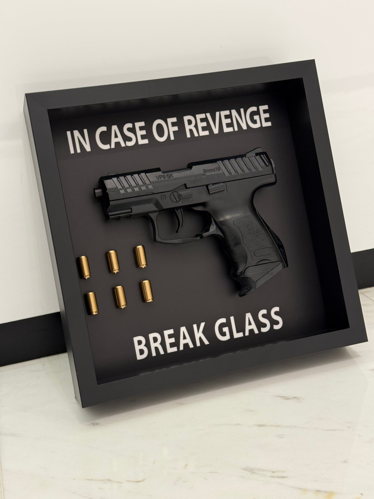 In Case of Revenge Break Glass Fake Gun Box Frame