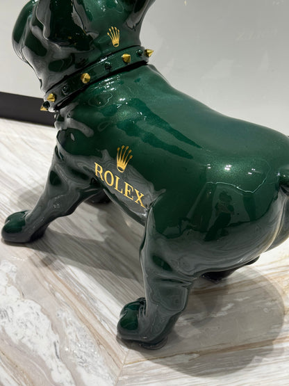 Green Rolex Dog Sculpture – Luxury Loyalty in Art Form