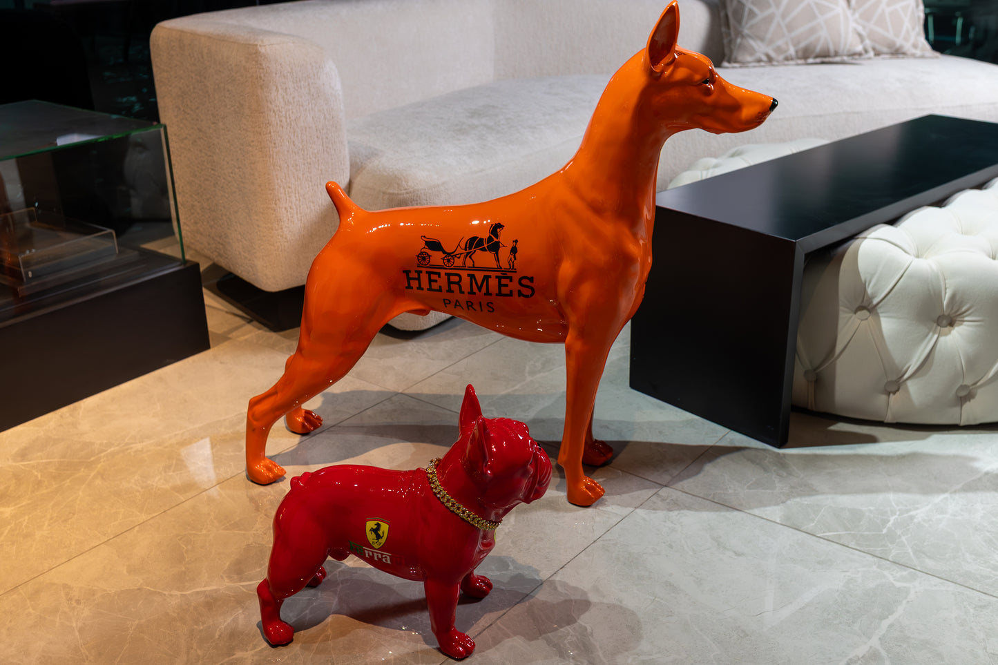 Luxury Orange Hermes Dog Sculpture with Designer Accents Limited 001