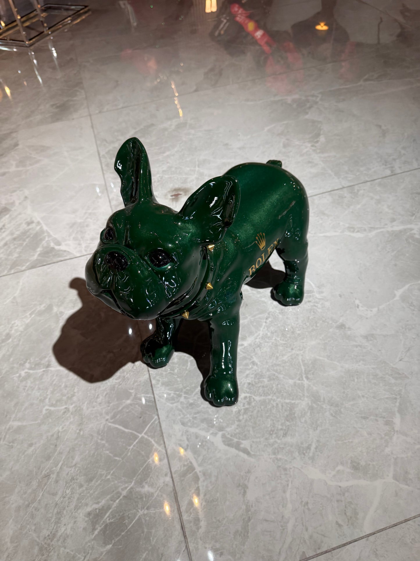 Green Rolex Dog Sculpture – Luxury Loyalty in Art Form