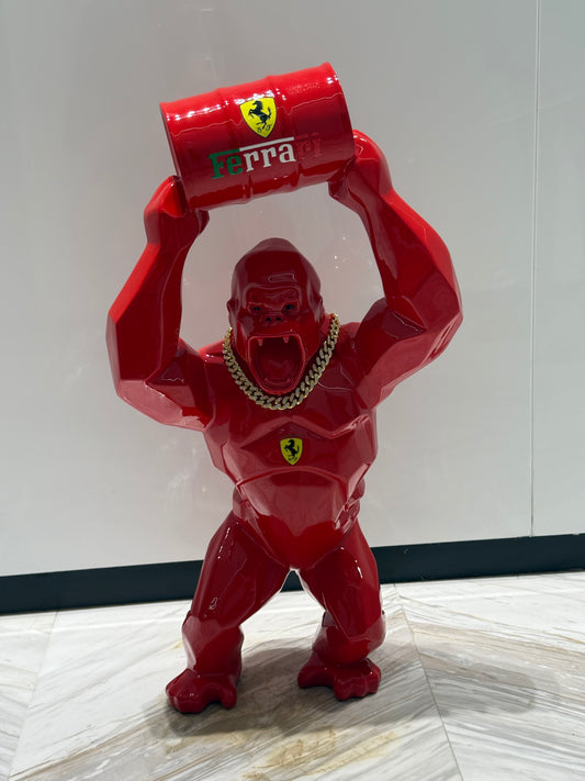 Red Ferrari Gorilla Sculpture with Barrel