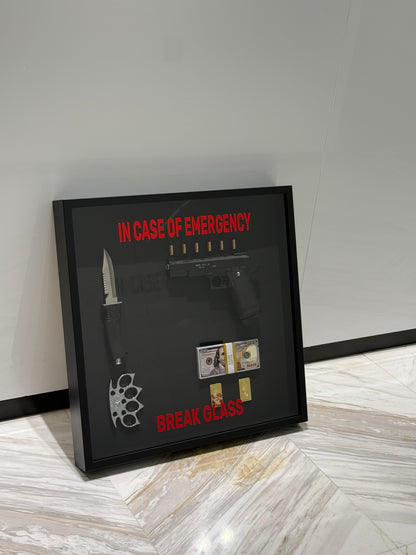 In Case of Emergency Break Glass Gun Gold and Dollar Big Box Frame black