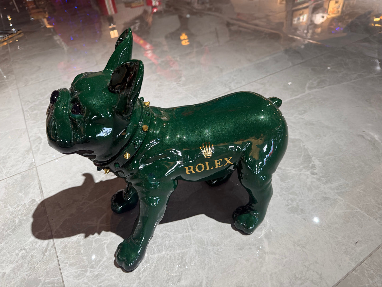 Green Rolex Dog Sculpture – Luxury Loyalty in Art Form