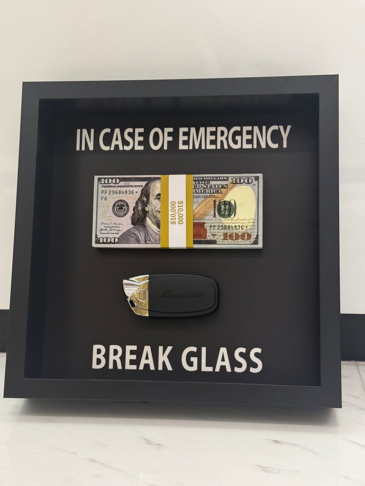In Case of Emergency Box Frame – Lamborghini Key & Luxury Cash Stack