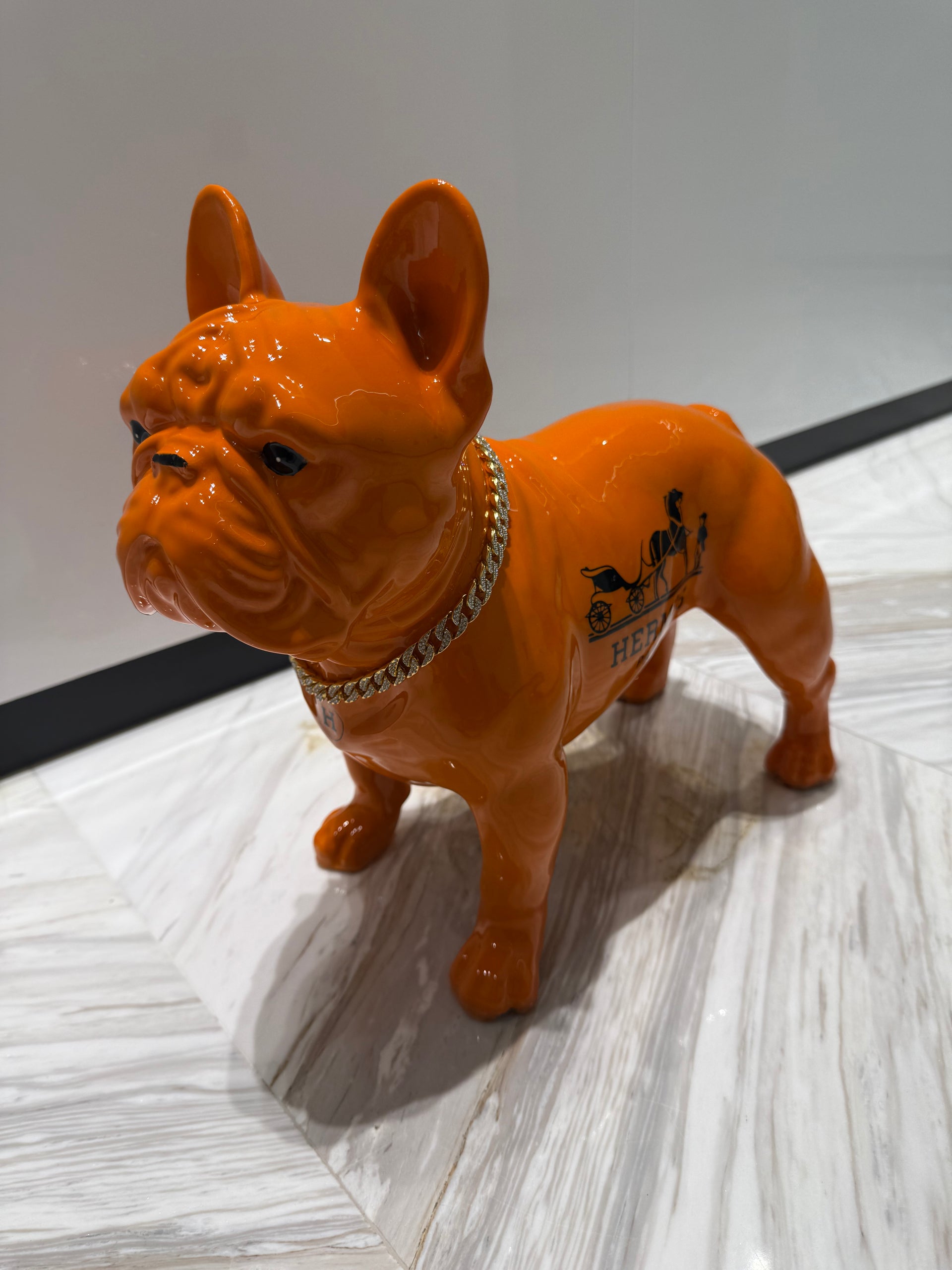Orange Hermes Dog Sculpture with Designer Accents