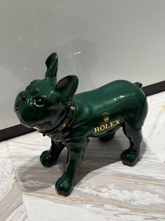 Green Rolex Dog Sculpture – Luxury Loyalty in Art Form