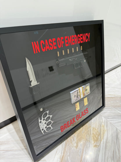 In Case of Emergency Break Glass Gun Gold and Dollar Big Box Frame black