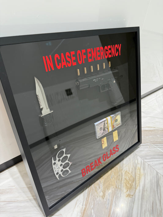 In Case of Emergency Break Glass Gun Gold and Dollar Big Box Frame black