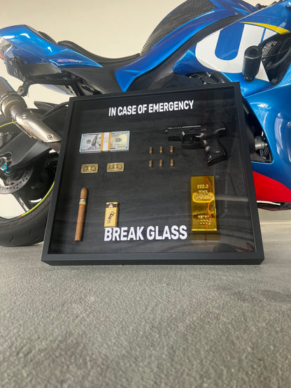 In Case of Emergency Break Glass Gun Gold and Dollar Big Box Frame black