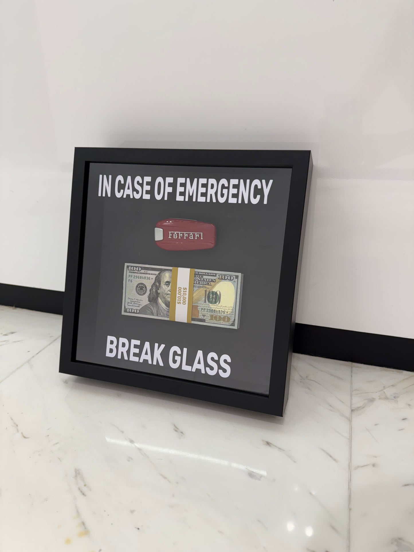 In Case of Emergency Box Frame – Ferrari Key & Luxury Cash Stack
