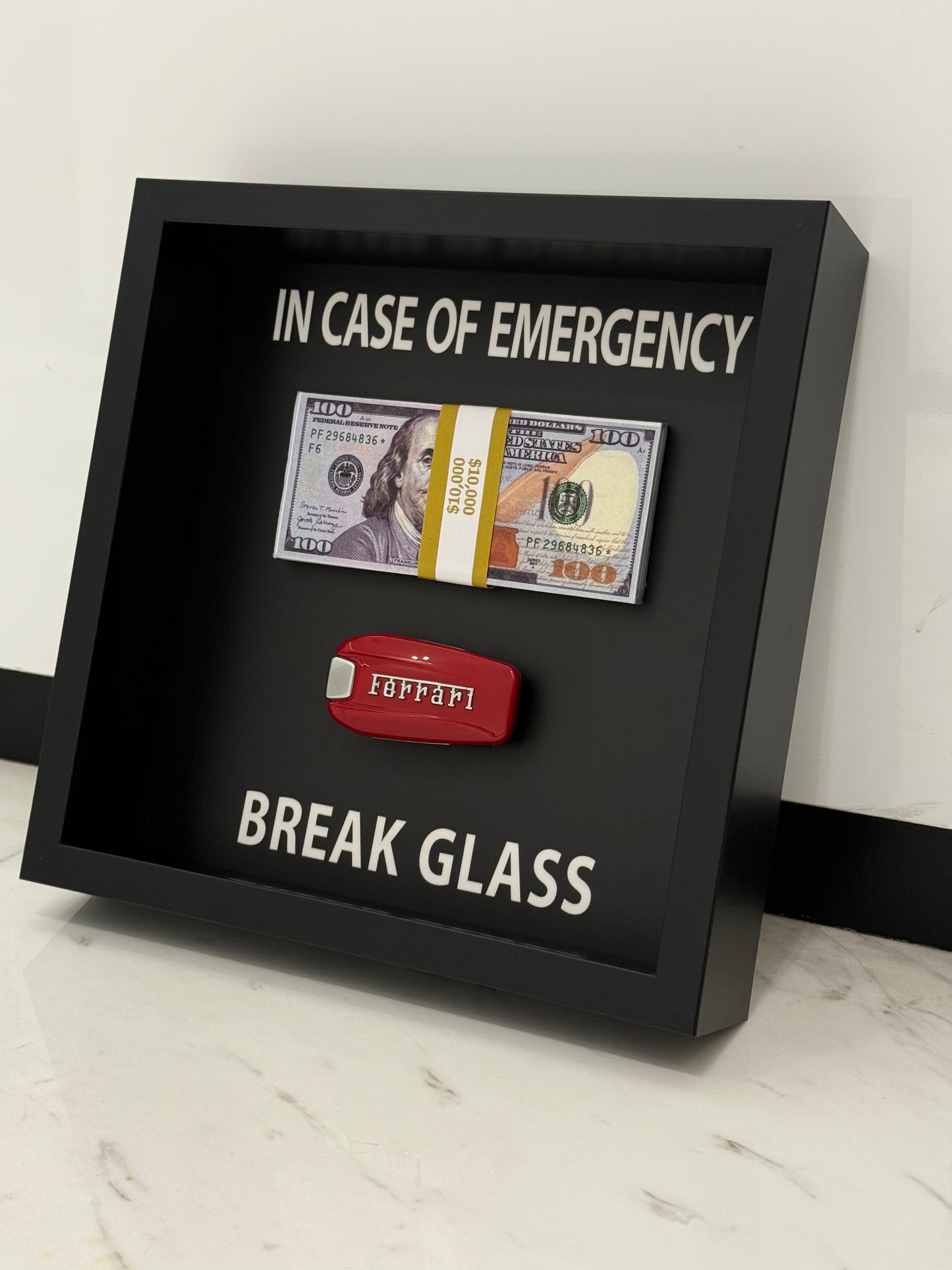 In Case of Emergency Box Frame – Ferrari Key & Luxury Cash Stack