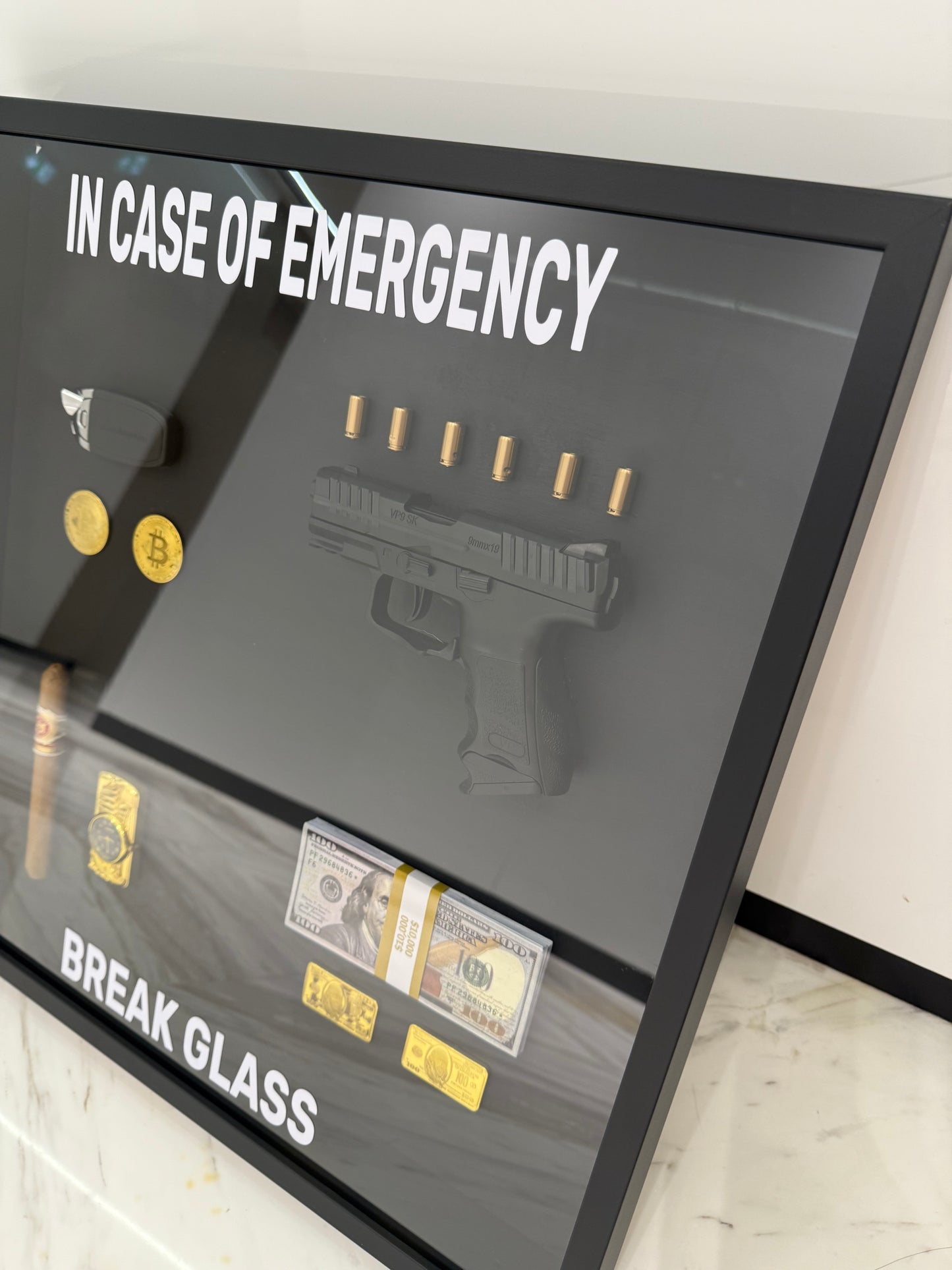 In Case of Emergency Break Glass Lamborghini key Gun Gold and Dollar Big Box Frame black