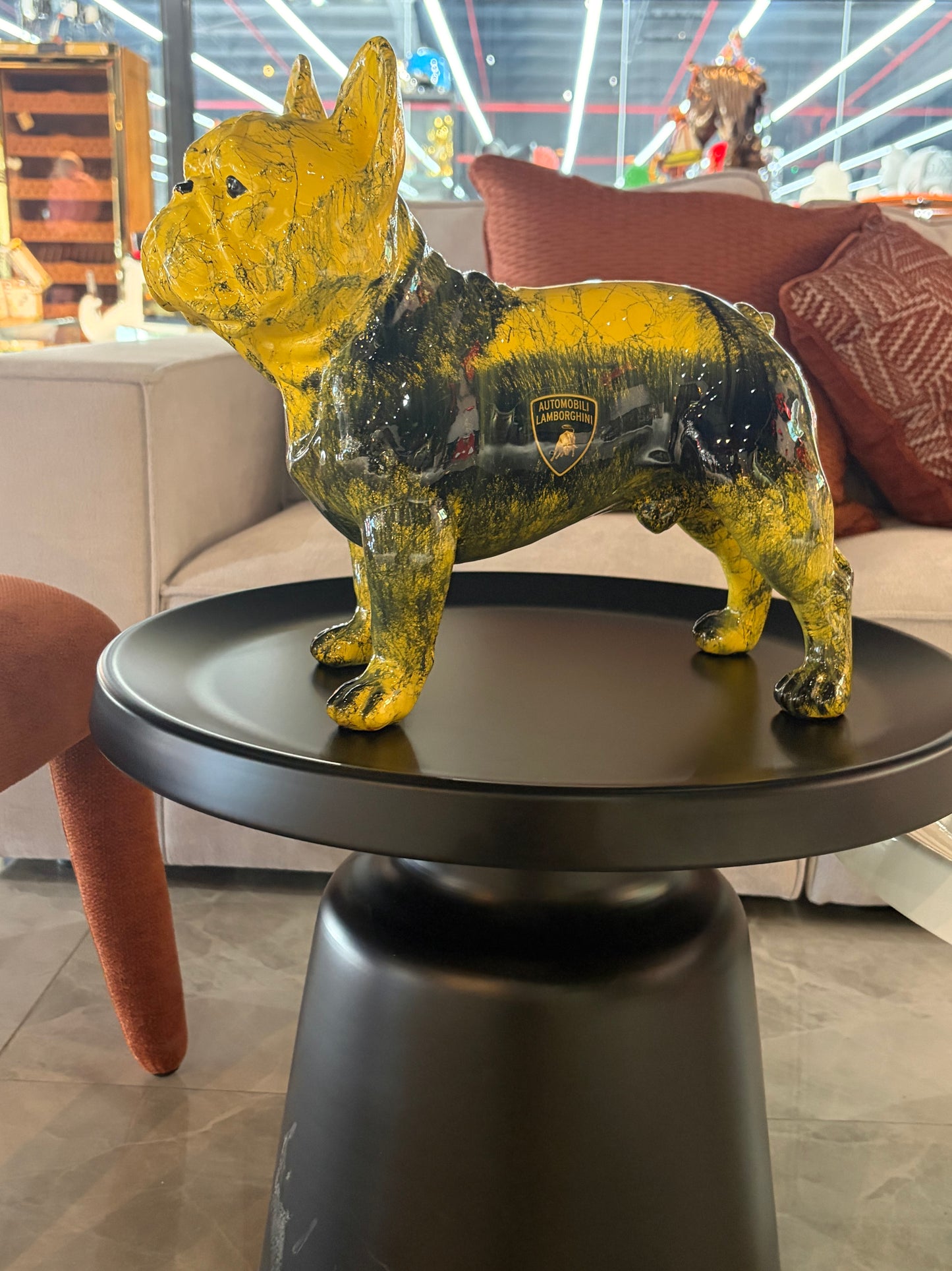 Yellow Lamborghini inspired Dog Sculpture with Designer Accents