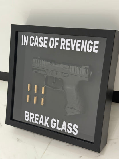 In Case of Revenge Break Glass Fake Gun Box Frame black