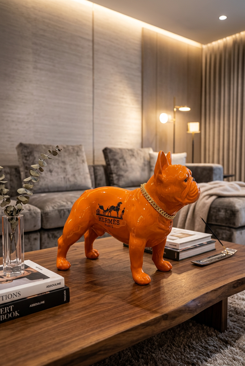 Orange Hermes Dog Sculpture with Designer Accents