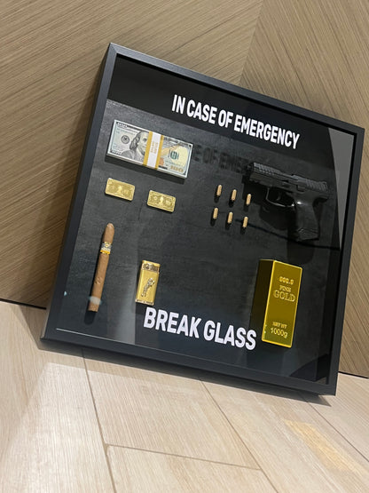 In Case of Emergency Break Glass Gun Gold and Dollar Big Box Frame black