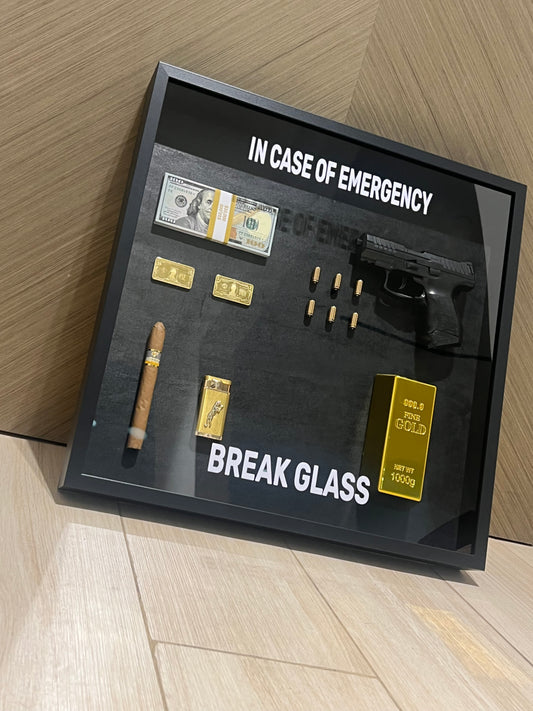 In Case of Emergency Break Glass Gun Gold and Dollar Big Box Frame black