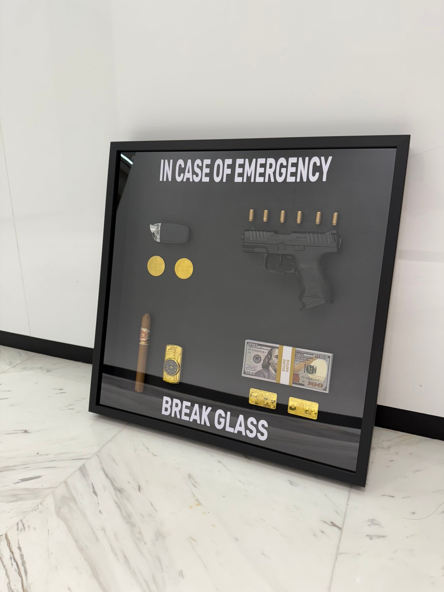 In Case of Emergency Break Glass Lamborghini key Gun Gold and Dollar Big Box Frame black