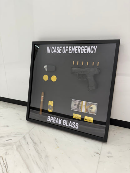 In Case of Emergency Break Glass Lamborghini key Gun Gold and Dollar Big Box Frame black