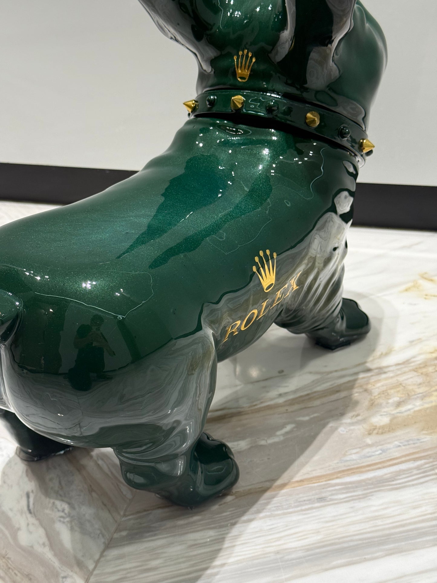 Green Rolex Dog Sculpture – Luxury Loyalty in Art Form