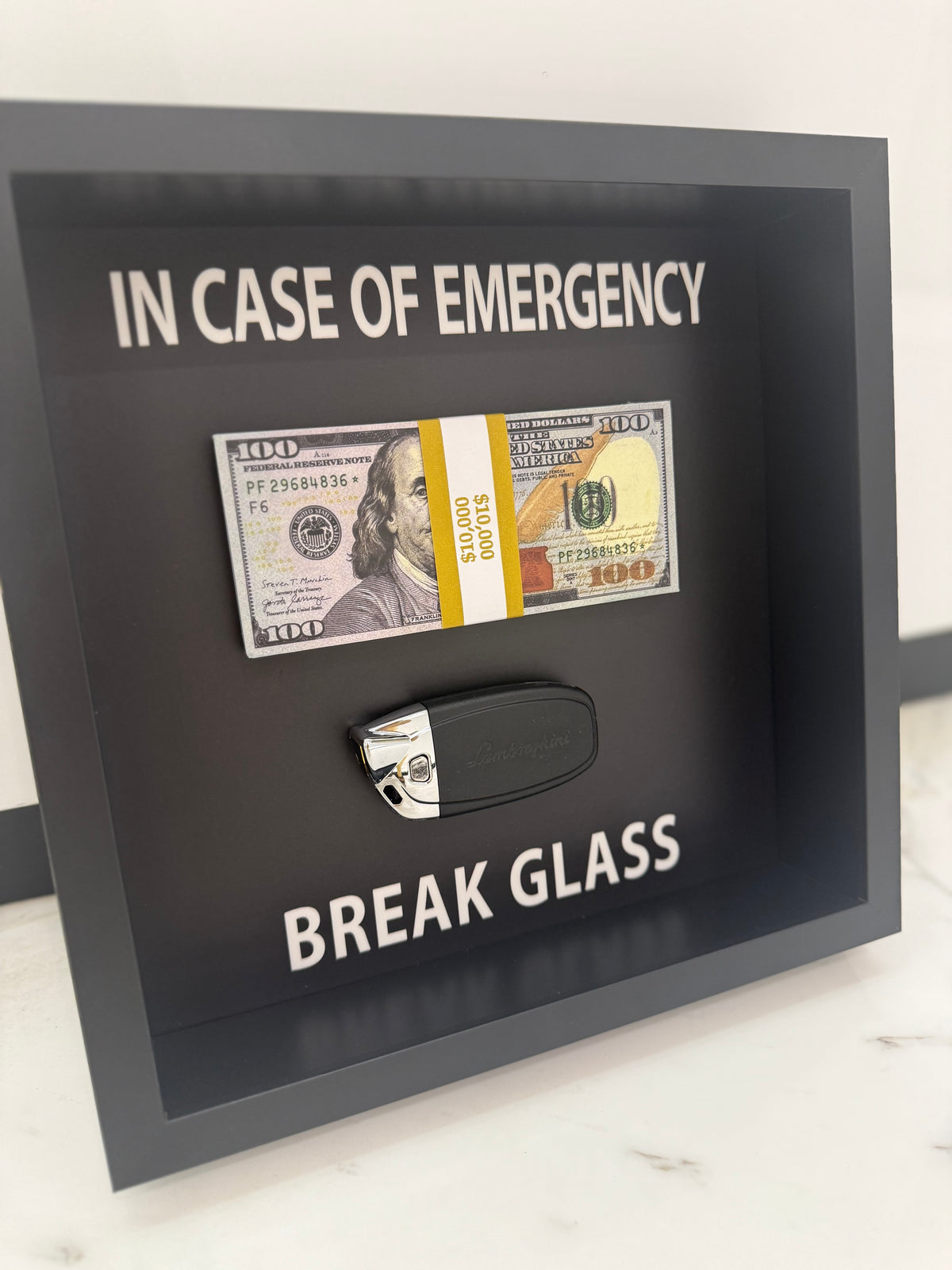 In Case of Emergency Box Frame – Lamborghini Key & Luxury Cash Stack