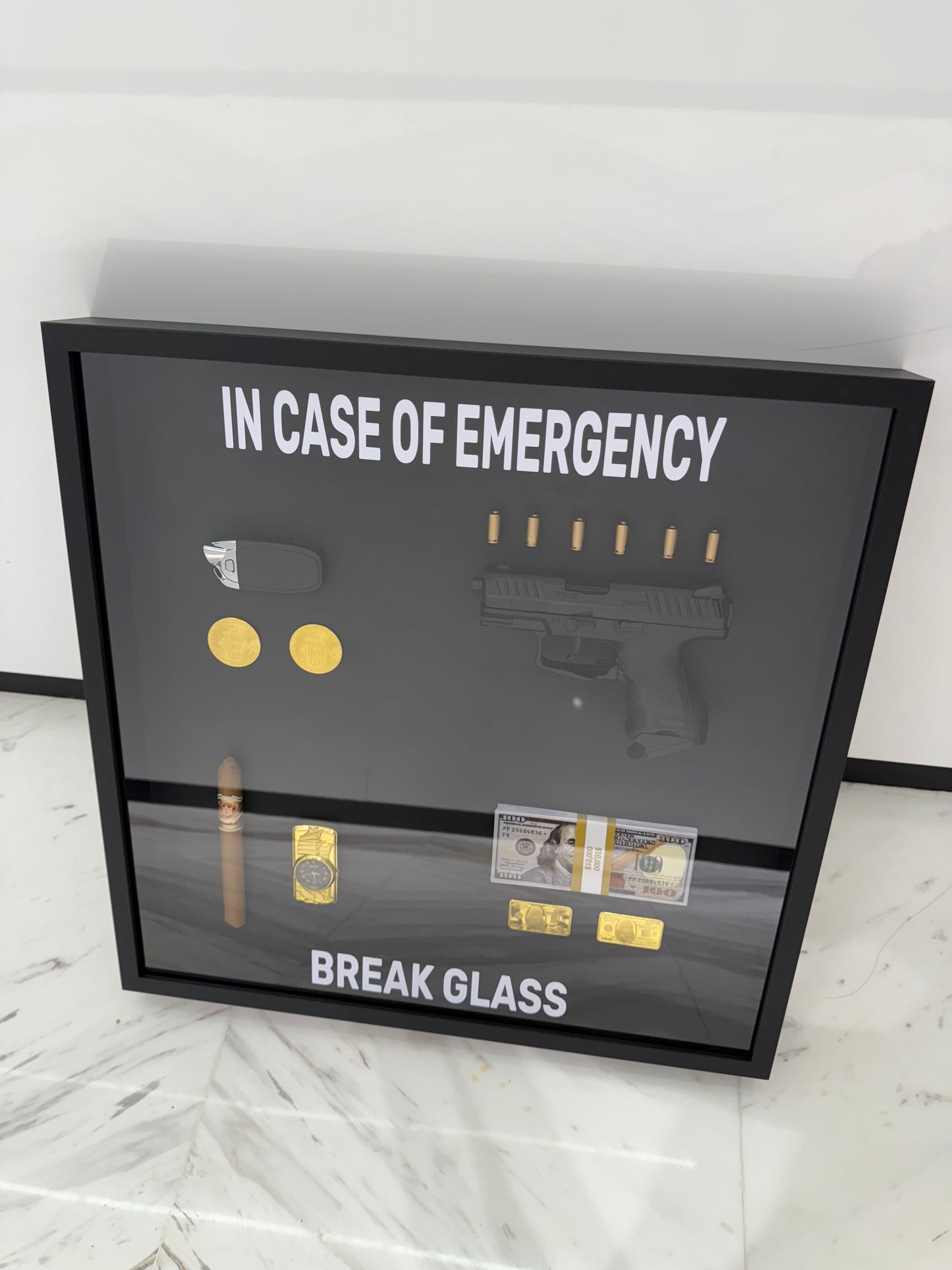 In Case of Emergency Break Glass Lamborghini key Gun Gold and Dollar Big Box Frame black