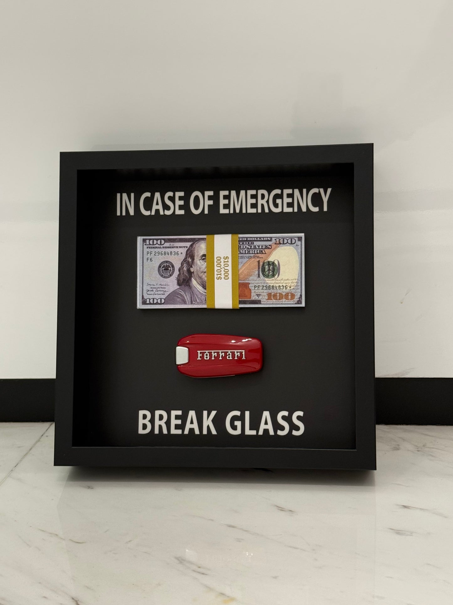 In Case of Emergency Box Frame – Ferrari Key & Luxury Cash Stack