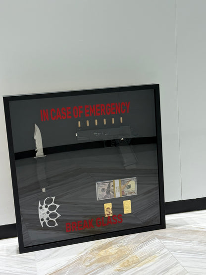 In Case of Emergency Break Glass Gun Gold and Dollar Big Box Frame black