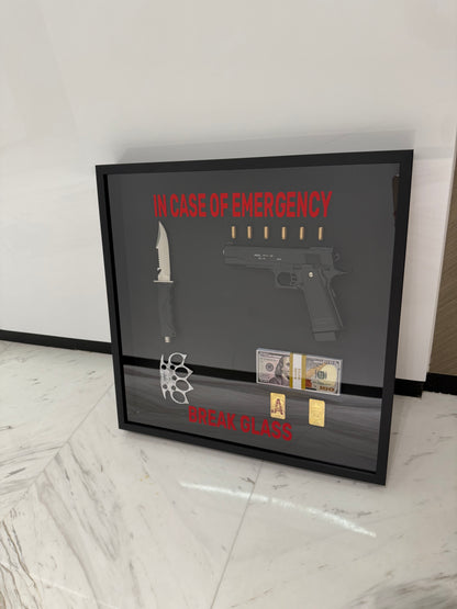 In Case of Emergency Break Glass Gun Gold and Dollar Big Box Frame black