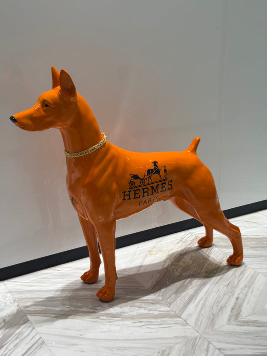 Luxury Orange Hermes Dog Sculpture with Designer Accents