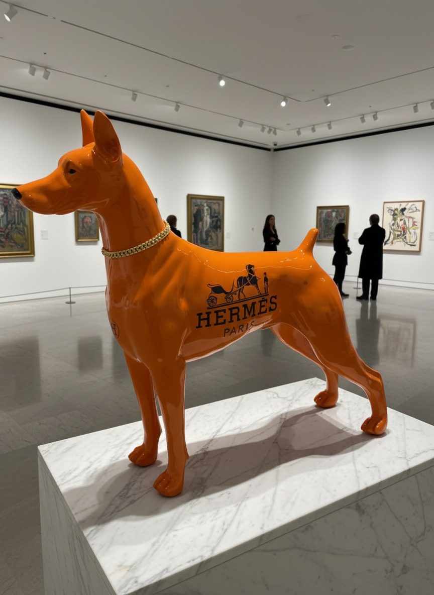 Luxury Orange Hermes Dog Sculpture with Designer Accents Limited 001
