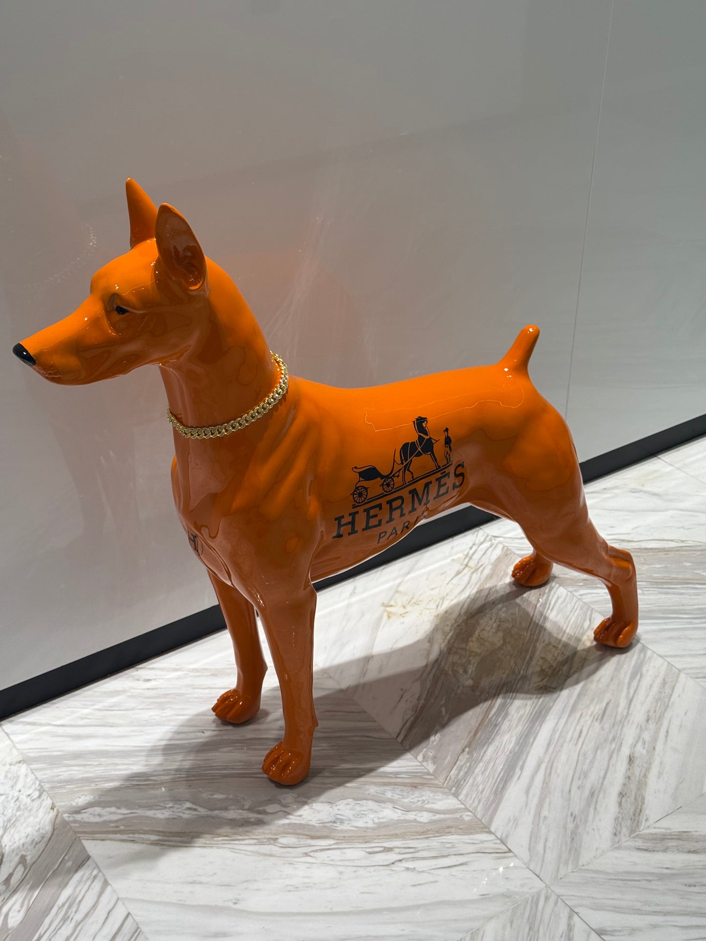 Luxury Orange Hermes Dog Sculpture with Designer Accents Limited 001