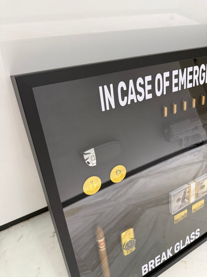 In Case of Emergency Break Glass Lamborghini key Gun Gold and Dollar Big Box Frame black