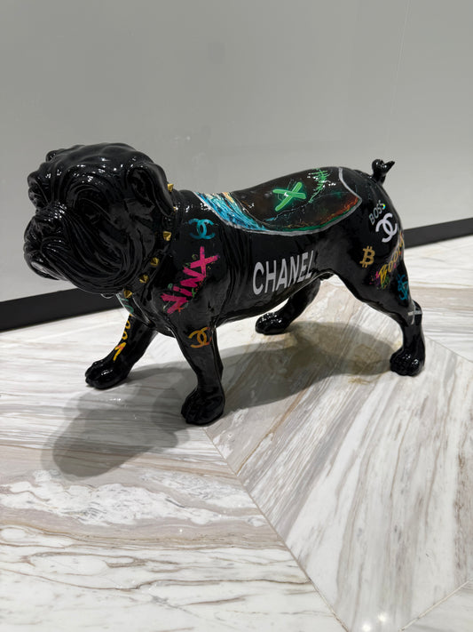 Black Chanel Dog Sculpture with Designer Accents