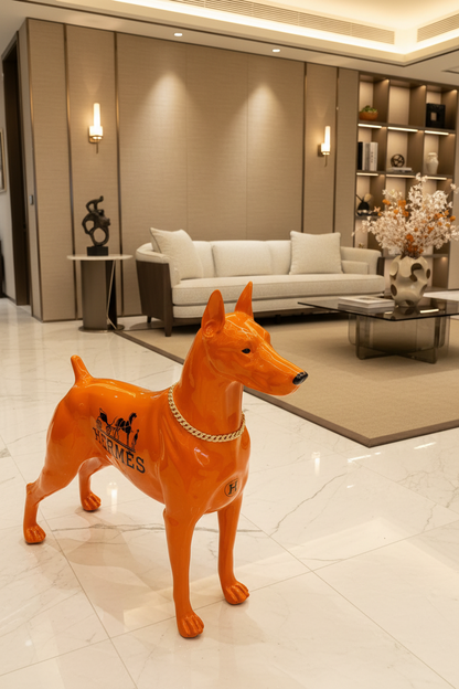 Luxury Orange Hermes Dog Sculpture with Designer Accents Limited 001